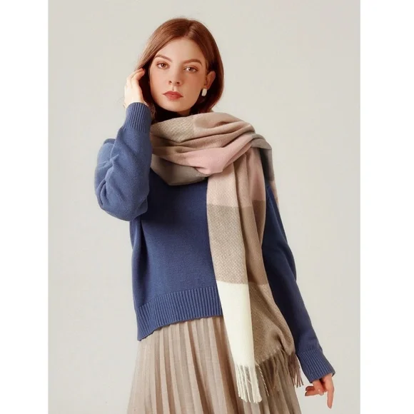 Colorblock Plaid Pastel Colors Wide Scarf Shawl Pink Beige Tan Cream Fringe - Picture 3 of 6